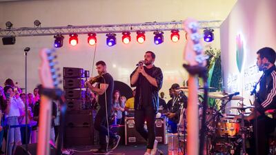 Mashrou Leila perform at Hay Festival at Atrium, Manaarat Saadiyat.