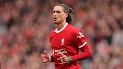 Darwin Nunez of Liverpool in action during the Premier League match against Everton at Anfield. Getty