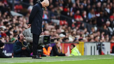Erik ten Hag, manager of Manchester United, reacts during the Premier League match between United and Manchester City. Getty