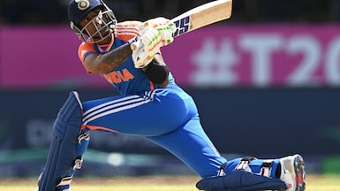 GEORGETOWN, GUYANA - JUNE 27: Suryakumar Yadav of India bats during the ICC Men's T20 Cricket World Cup West Indies & USA 2024 Semi-Final match between India and England at Providence Stadium on June 27, 2024 in Georgetown, Guyana. (Photo by Gareth Copley / Getty Images)
