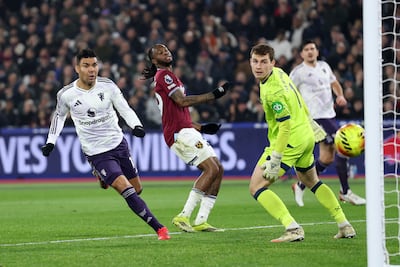 Casemiro scores a header against West Ham, although it was later ruled out by VAR for offside. Getty Images