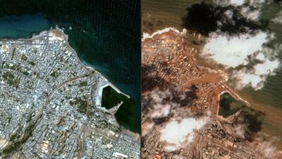 Left; an overview of Derna before the flash floods on September 7, last year and, right, during the flash floods on September 12 last year.