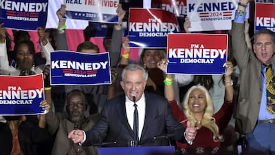 Robert F Kennedy Jr announces his run for president on April 19 at the Boston Park Plaza Hotel, in Boston, Massachusetts. AP