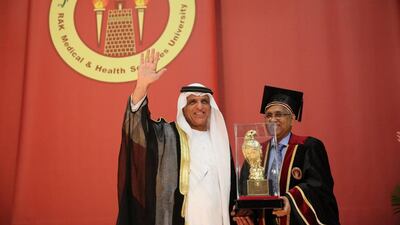 Sheikh Saud bin Saqr, Ruler of Ras Al Khaimah, attends the graduation ceremony of Ras Al Khaimah Medical and Health Sciences University. Wam