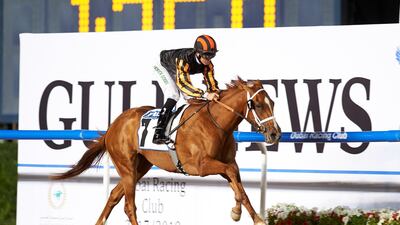 Pat Dobbs on-board Rayya wins the Property Weekly Maiden at Meydan Racecourse for trainer Doug Watson. Andrew Watkins / Dubai Racing Club