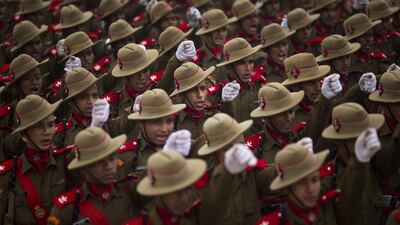 Soldiers practice a march ahead of Republic Day in New Delhi. Saurabh Das / AP Photo