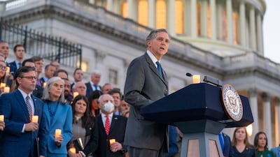 French Hill speaks at a vigil for Israel on the steps of the US House of Representatives. AP