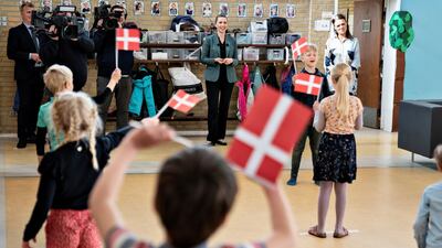Danish Prime Minister Mette Frederiksen meets students at Stolpedal school as the country went into phase two of its reopening, amid the coronavirus disease outbreak, Aalborg, Denmark, May 18. Ritzau Scanpix / Henning Bagger / Reuters