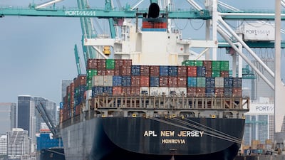 Cargo ships sit at Miami beach in Florida. Trade in both goods and services surged in the January-March period, according to a new report. Getty