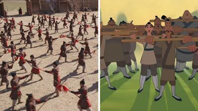 The Chinese military preparing for battle in each of the films. Courtesy Disney