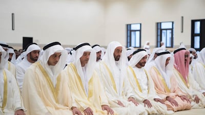 Sheikh Mohammed bin Zayed, Crown Prince of Abu Dhabi and the Deputy Supreme Commander of the UAE Armed Forces, centre, leads Eid Al Adha prayers at Sheikh Sultan bin Zayed the First Mosque in Al Bateen in Abu Dhabi.