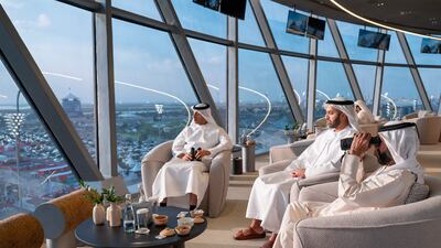 Sheikh Tahnoun bin Mohammed, Ruler's Representative in Al Ain Region, Sheikh Mohammed bin Saud Al Qasimi, Crown Prince of Ras Al Khaimah, and Sheikh Khaled bin Zayed, chairman of the board of Zayed Higher Organisation for Humanitarian Care and Special Needs at the race. Photo: Hamad Al Kaabi / Ministry of Presidential Affairs