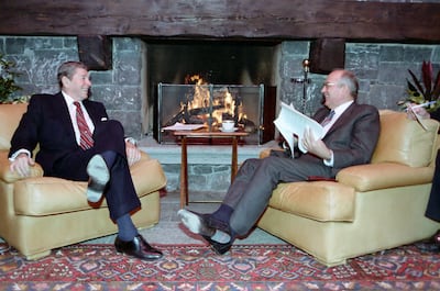 Then-US president Ronald Reagan with then-Soviet general secretary Mikhail Gorbachev in Geneva in 1985. Today, the West lacks a stable long-term strategic framework comparable to the Cold War containment strategy against the Soviet Union. EPA