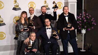 Zoe Manville, John Gourley, Jason Wade Sechrist, and Zachary Scott Carothers, Kyle O'Quin, and Eric Howk of musical group Portugal. The Man, winners of the Best Pop Duo/Group Performance award for 'Feel It Still'. AFP