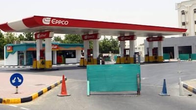 The scene at an Eppco petrol station in Sharjah's University Area. When the midday deadline passed without any sign of petrol being sold, authorities ordered that entrances of all Enoc and Eppco stations be blocked.