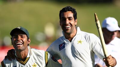 Umar Gul and Umar Akmal of Pakistan celebrate their win against the New Zealand in 2011 in Wellington. Getty