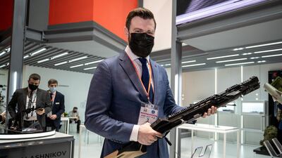 Dmitri Tarasov, chief executive of the Kalashnikov Group, with the MP-155 Ultima, 12-gauge semi-automatic shotgun. Victor Besa / The National.