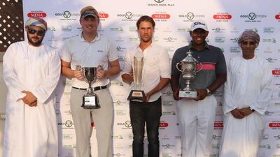 Tyler Hogarty, second left, won the Mena Golf Tour Championship at Muscat Hills; Craig Hinton, centre, won the Tour's Order of Merit while Rayhan Thomas, second right, picked up the amateur Order of Merit title. Courtesy Mena Golf Tour