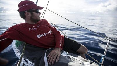 Antonio Cuevas-Mons of Team Mapfre relaxes in the calm seas of the Atlantic Ocean's doldrums during the first leg of the 2014/15 Volvo Ocean Race. Francisco Vignale / Mapfre / Volvo Ocean Race / October 21, 2014