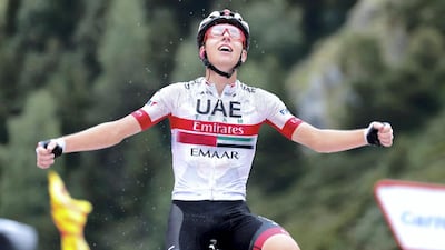 Tadej Pogacar celebrates after winning Stage 9 of the Vuelta a Espana. BettiniPhoto