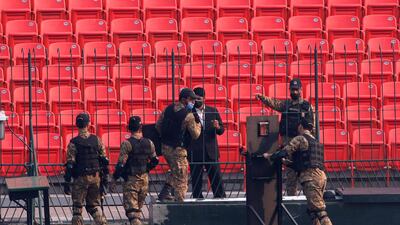 Pakistan army solider secure the Gaddafi Cricket Stadium. EPA
