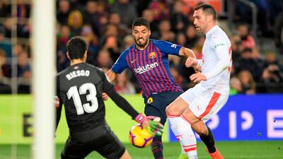 Barcelona's Uruguayan forward Luis Suarez scores his second goal of the game against Eibar. AFP
