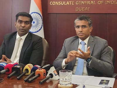 A Amarnath, charge d’affaires at the Indian embassy in Abu Dhabi, right, and Satish Kumar Sivan, India's consul general in Dubai. Photo: Consulate General of India in Dubai