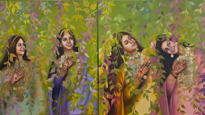 Salama Al Mazrouei combines realistic portraiture with mixed-media techniques, using layered foliage, decorative patterning and traditional Emirati dress and jewellery to move the work beyond conventional representation. Photo: Salama Al Mazrouei