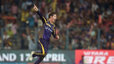 Kolkata Knight Riders cricketer Brad Hogg celebrates after the dismissal of Delhi Daredevils batsman Amit Mishra during the 2016 Indian Premier League (IPL) Twenty20 cricket match between Kolkata Knight Riders and Delhi Daredevils at the Eden Gardens Cricket Stadium in Kolkata on April 10, 2016. AFP / Dibyangshu SARKAR