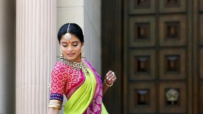 A vibrant lehenga and choli from Gaurang Shah's Navrasa collection paired with Kishandas & Co jewellery. Courtesy Numaish