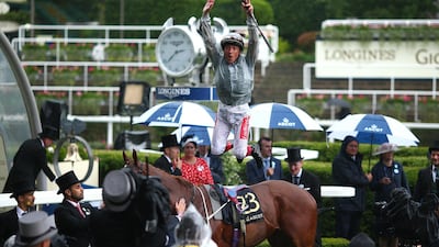 Frankie Dettori celebrates after riding Raffle Prize to victory in The Queen Mary Stakes. Getty Images