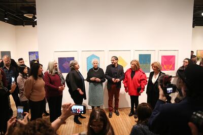 A group of artists at the opening of Taking Shape: Abstraction from the Arab World, 1950s–1980s, which was split 50/50 between men and women, at NYU's Grey Art Gallery last January. Courtesy Sultan Al Qassemi