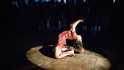 Asmahan Tlig dancing in her performance with Haythem Achour 'Ogra' (Curtains), which recounts the story of Habiba Msika, a singer whose lover burnt her alive