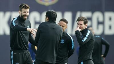 Barcelona players Gerard Pique, Luis Suarez, Neymar and Lionel Messi during the team’s training session held at Joan Gamper sports city in Catalonia, northeastern Spain, 12 April 2016. FC Barcelona will face Atletico Madrid in an UEFA Champions League second leg quarter final football match the upcoming 13 April. EPA/ANDREU DALMAU
