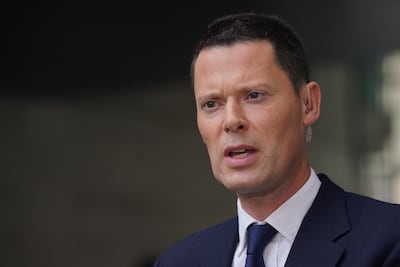 Justice Secretary Alex Chalk speaks to the media outside BBC Broadcasting House in London, after appearing on the BBC One current affairs programme, Sunday with Laura Kuenssberg. PA