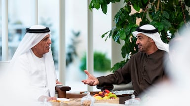 President Sheikh Mohamed with Ras Al Khaimah's Ruler Sheikh Saud bin Saqr Al Qasimi in Abu Dhabi. UAE Presidential Court