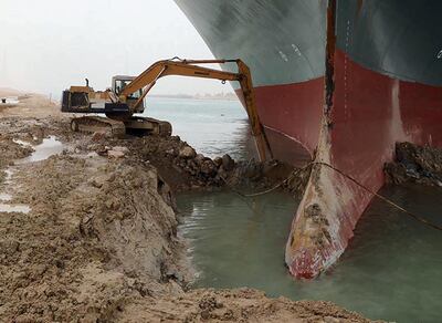 The operation to free 'Ever Given' in March. AFP