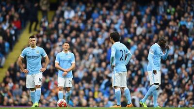 Sergio Aguero, left, Martin Demichelis, David Silva and Yaya Toure shown during Sunday's Manchester derby loss at the Etihad Stadium. Laurence Griffiths / Getty Images / March 20, 2016