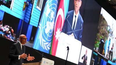 Simon Stiell, United Nations climate chief, speaks during the opening plenary session in Baku, Azerbaijan on Monday. AP