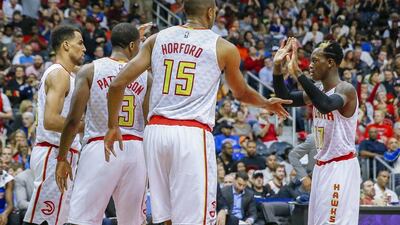 Dennis Schroder of the Atlanta Hawks reacts during his team's game against the New York Knicks in the NBA on Saturday. Erik S Lesser / EPA / December 26, 2015