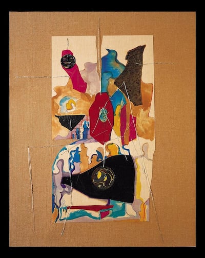 'The Wound And The Cotter' (1988) by artist Mounirah Mosly. The work is a collage of mixed media on copper bulap and leather. Courtesy the Mosly Family