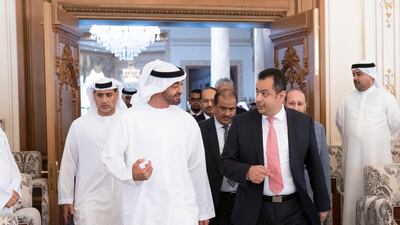 Sheikh Mohamed bin Zayed, Crown Prince of Abu Dhabi and Deputy Supreme Commander of the Armed Forces, talks to Dr Maeen Abdulmalik, Prime Minister of Yemen, during his trip to Abu Dhabi. Ministry of Presidential Affairs
