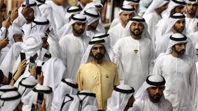 Sheikh Mohammed watches the Dubai World Cup at the Meydan Racecourse on March 26, 2022. Getty Images