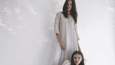 Left, empire-waist kaftan, Dh8,485. Right, crystal-embellished kaftan, Dh8,265