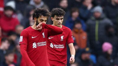 Liverpool's Mohamed Salah looks dejected after Lewis Dunk's goal. Reuters