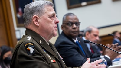Chairman of the Joint Chiefs Gen Mark Milley and US Secretary of Defence Lloyd Austin testify before the House Committee on Armed Services in Washington on Tuesday. EPA