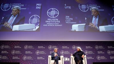 Michael Milken, Chairman of the Milken Institute, and Khaldoon Al Mubarak, right, chief executive of Mubadala Investment Company, speak during the 2020 Milken Institute Middle East and Africa Summit at St Regis Saadiyat Island Resort in Abu Dhabi. EPA