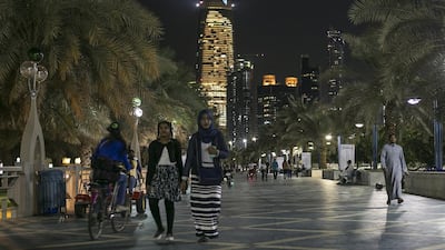 Buildings along the Abu Dhabi corniche light up for New Years. Mona Al Marzooqi/ The National