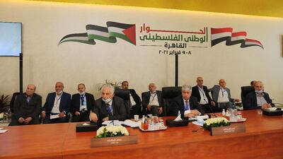 Palestinian officials during the 'National Dialogue' meetings in Cairo, Egypt, on February 9, 2021. EPA