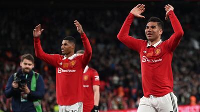 Manchester United's Marcus Rashford and Casemiro celebrate their victory. AFP